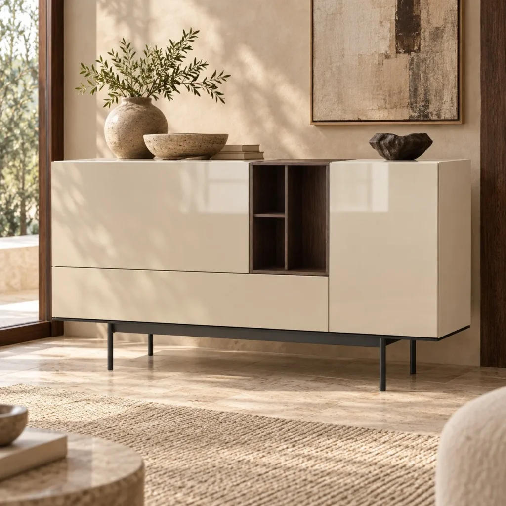 Cream Gloss Sideboard with Walnut Open Cubbies on Metal Base in oatmeal — front view