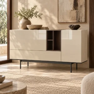 Cream Gloss Sideboard with Walnut Open Cubbies on Metal Base in oatmeal — front view