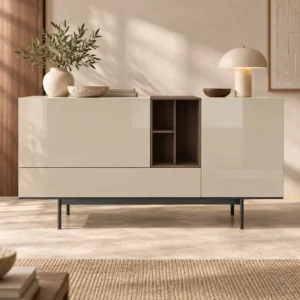 Cream Gloss Sideboard with Walnut Open Cubbies on Metal Base in oatmeal — in a room setting