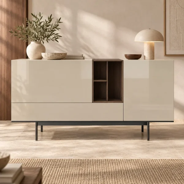 Cream Gloss Sideboard with Walnut Open Cubbies on Metal Base in oatmeal — in a room setting