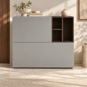 Grey Lacquered Cabinet with Walnut Open Cubbies on Plinth in slate — front view
