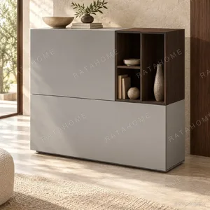 Grey Lacquered Cabinet with Walnut Open Cubbies on Plinth in slate — in a room setting