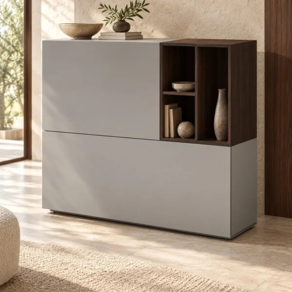 Grey Lacquered Cabinet with Walnut Open Cubbies on Plinth in slate — in a room setting