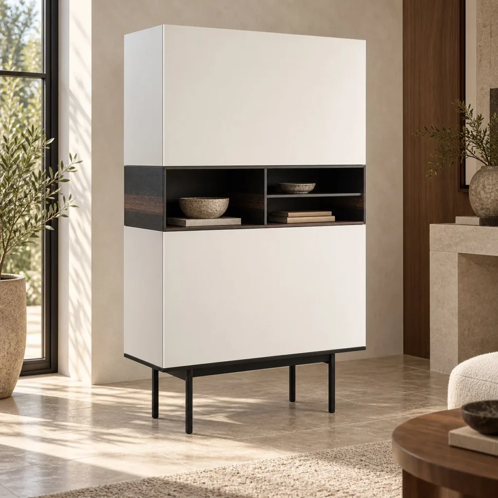 White Lacquered Tall Cabinet with Dark Open Display Band in ivory — front view