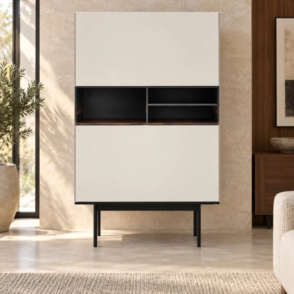 White Lacquered Tall Cabinet with Dark Open Display Band in ivory — in a room setting