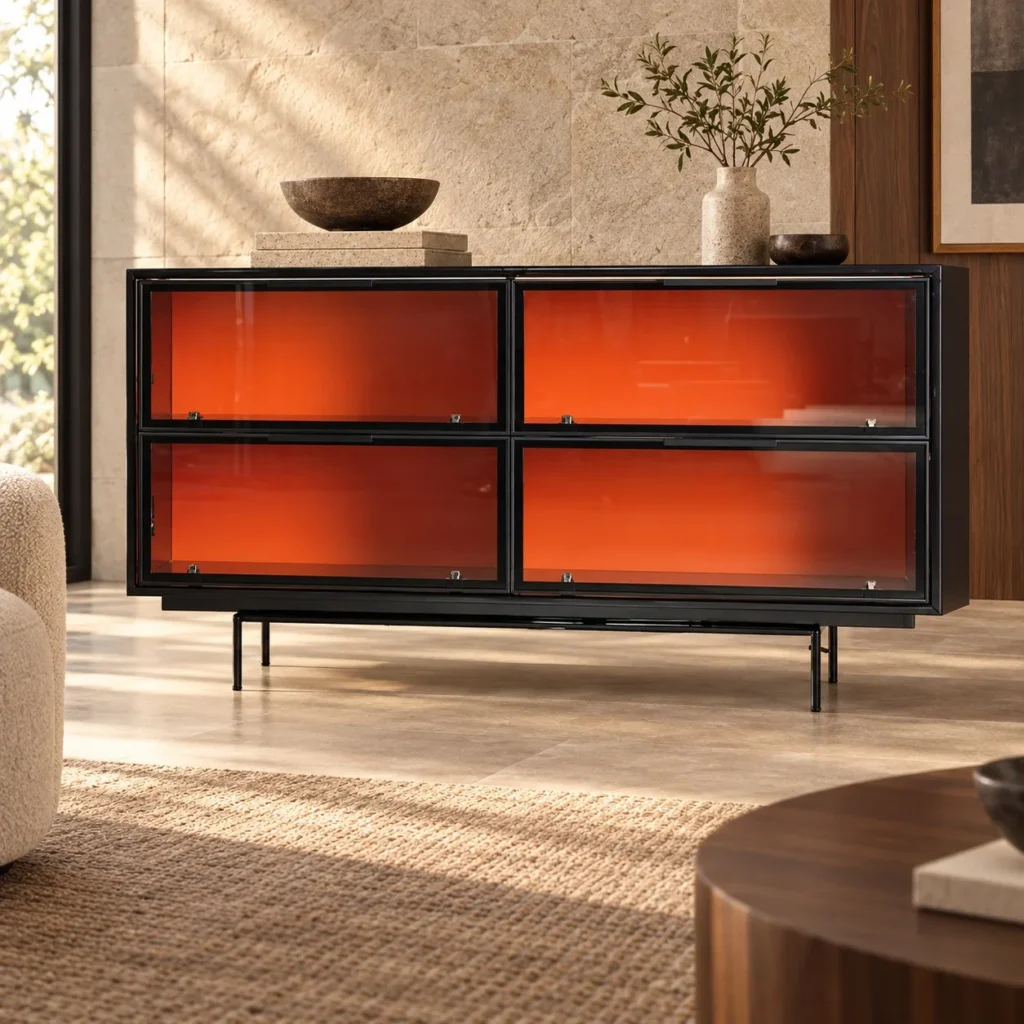 Black Sideboard with Orange Glass Doors on Metal Legs in black — front view