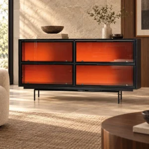 Black Sideboard with Orange Glass Doors on Metal Legs in black — front view