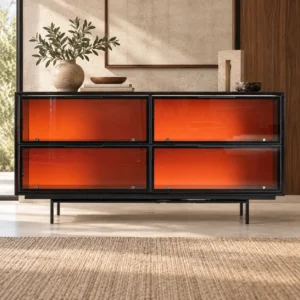Black Sideboard with Orange Glass Doors on Metal Legs in black — in a room setting