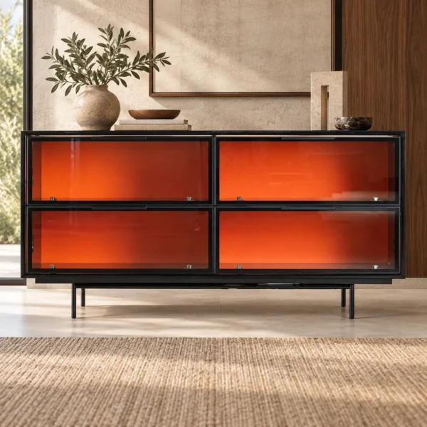 Black Sideboard with Orange Glass Doors on Metal Legs in black — in a room setting