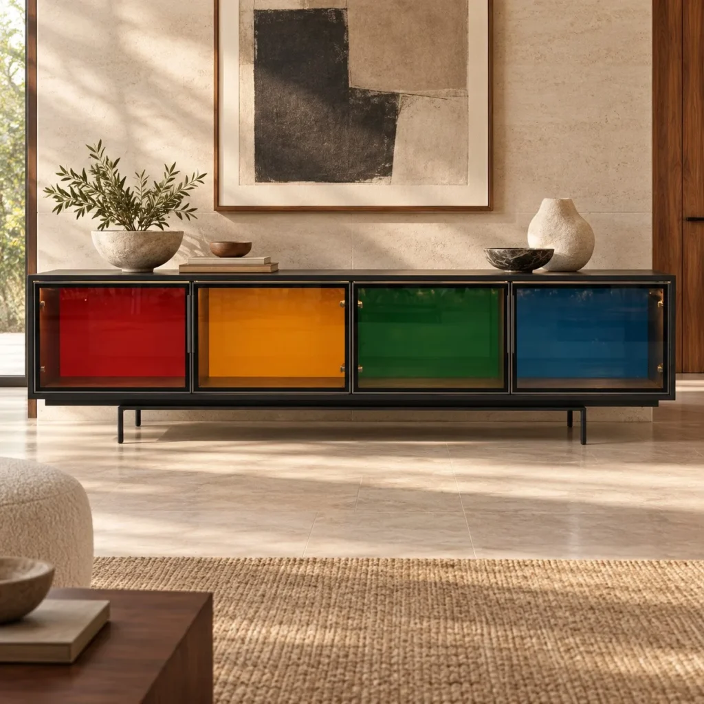 Black Low Sideboard with Multicolour Glass Doors, 220 cm in black — front view