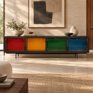 Black Low Sideboard with Multicolour Glass Doors, 220 cm in black — front view