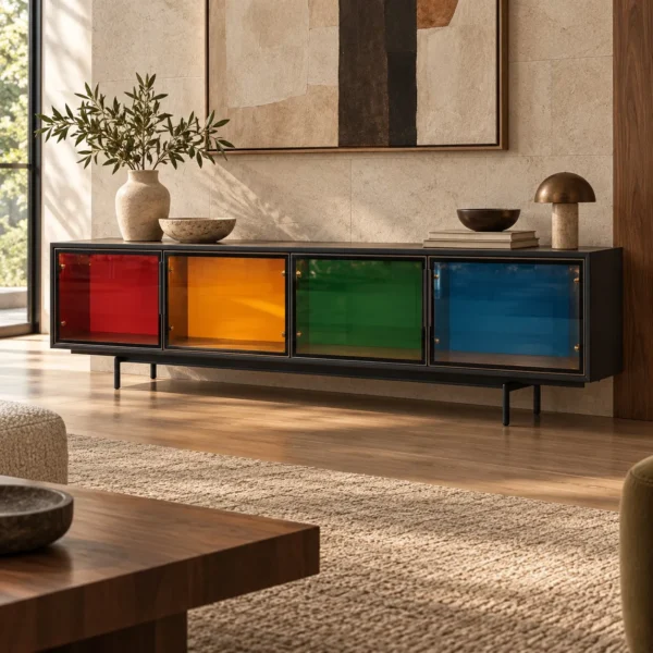 Black Low Sideboard with Multicolour Glass Doors, 220 cm in black — in a room setting