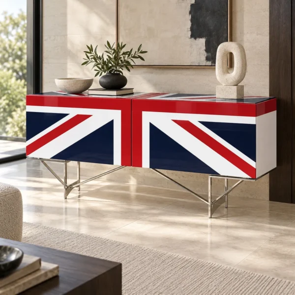 Union Flag Lacquered Sideboard on Chrome Wire Base, 160 cm in red — in a room setting
