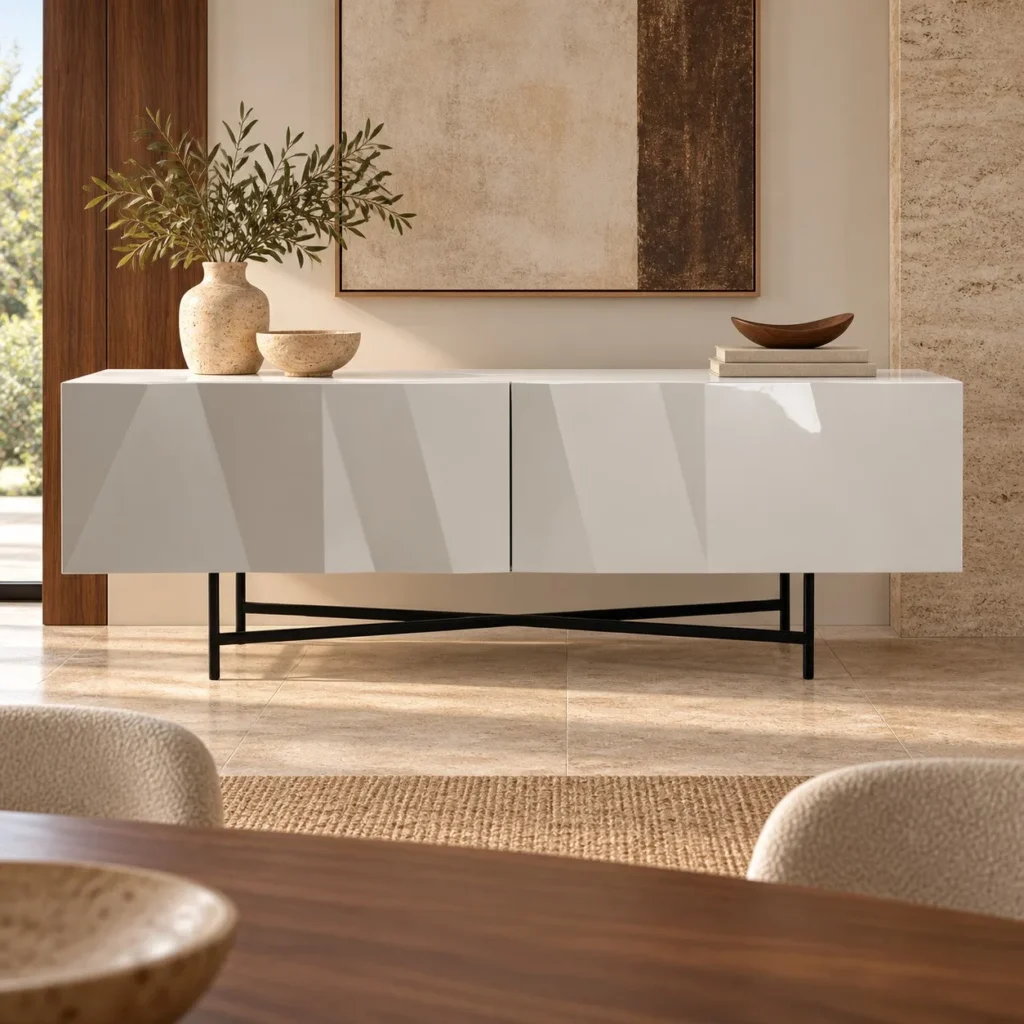 White Faceted Lacquered Sideboard on Black Wire Base, 220 cm in ivory — front view