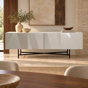 White Faceted Lacquered Sideboard on Black Wire Base, 220 cm in ivory — front view