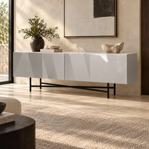 White Faceted Lacquered Sideboard on Black Wire Base, 220 cm in ivory — in a room setting