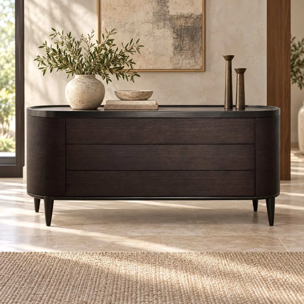 Dark Veneer Oval Sideboard with Curved Drawers on Wood Legs in black — front view