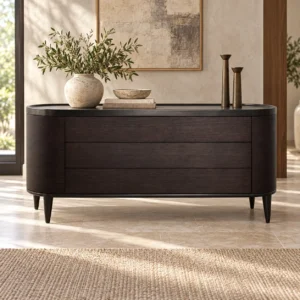 Dark Veneer Oval Sideboard with Curved Drawers on Wood Legs in black — front view