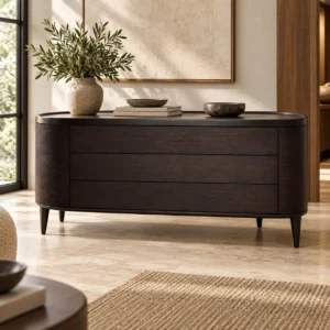 Dark Veneer Oval Sideboard with Curved Drawers on Wood Legs in black — in a room setting