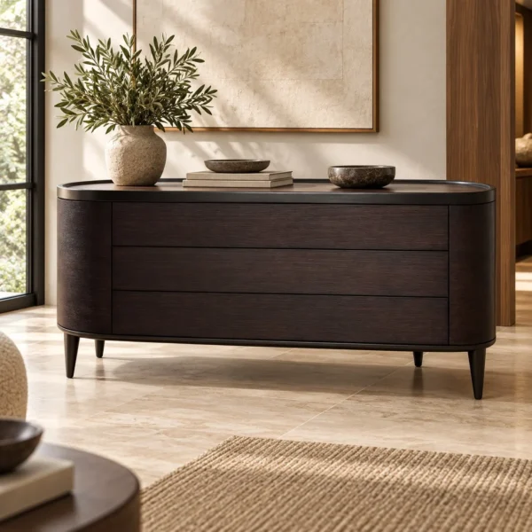 Dark Veneer Oval Sideboard with Curved Drawers on Wood Legs in black — in a room setting