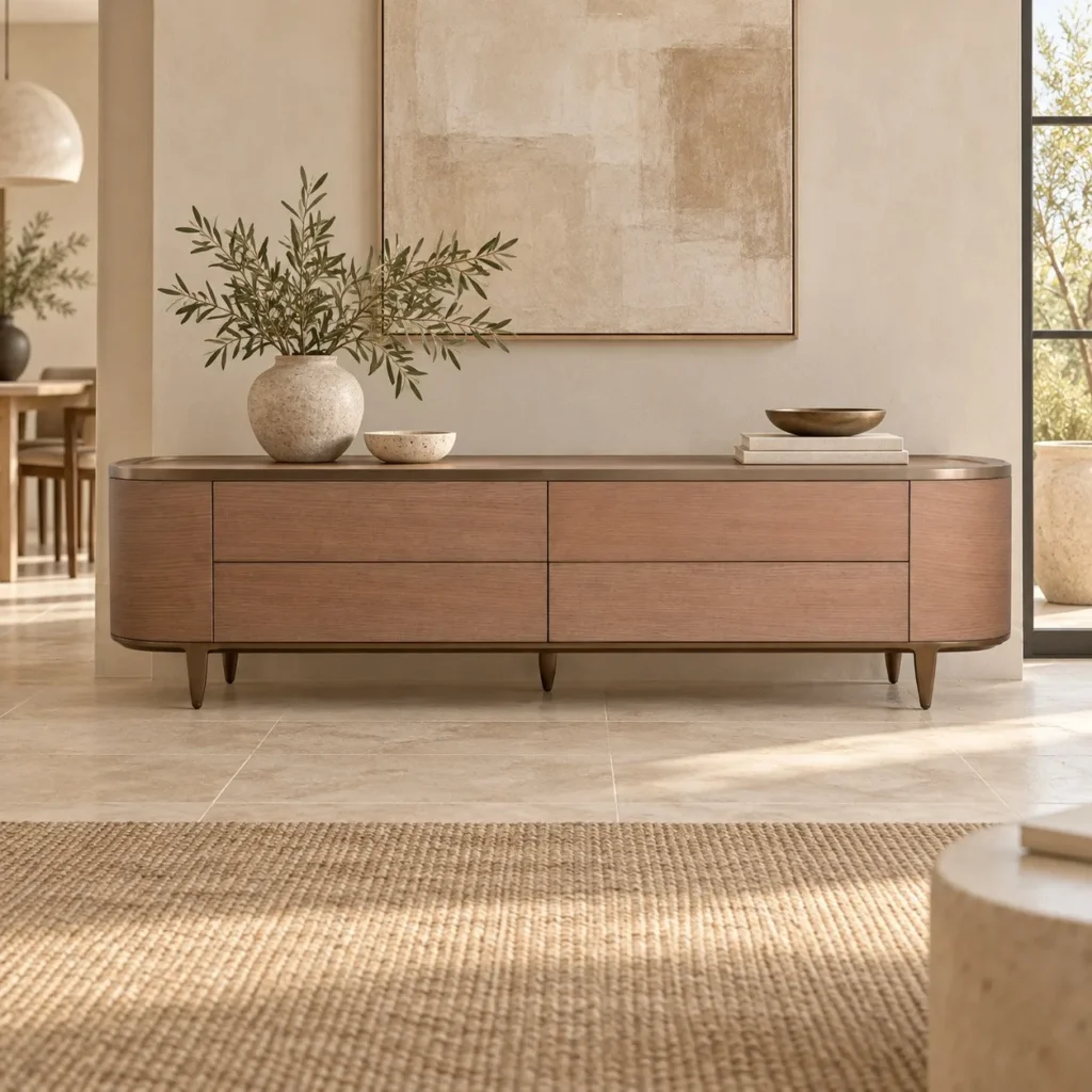 Walnut Veneer Rounded Low Sideboard on Wood Legs, 220 cm in walnut — front view
