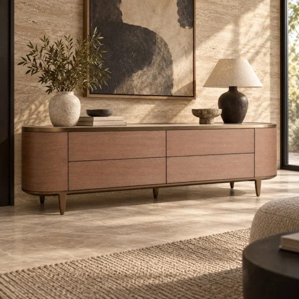 Walnut Veneer Rounded Low Sideboard on Wood Legs, 220 cm in walnut — in a room setting