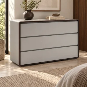 Light Grey Lacquered Three-Drawer Chest with Dark Frame in slate — front view