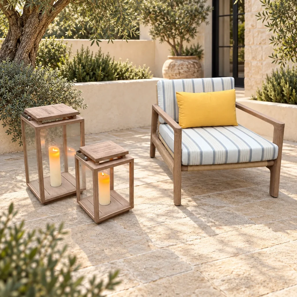 California Teak Sunbrella Outdoor Set in teak — front view
