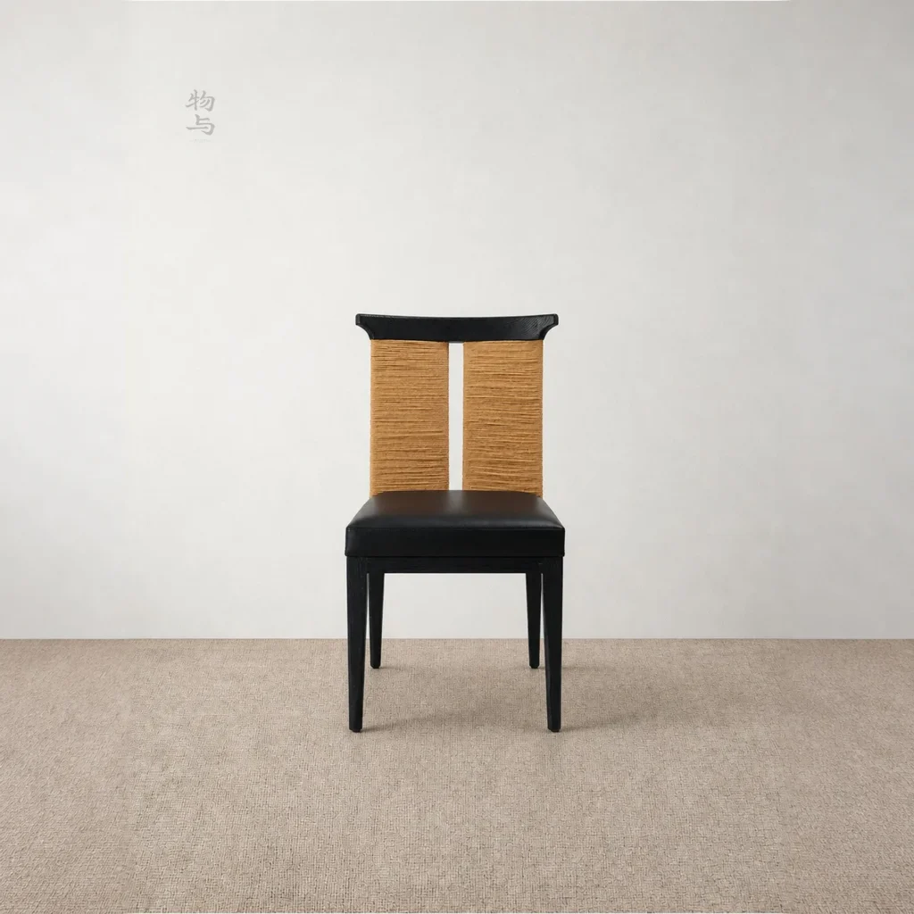 Cambon Black Oak Dining Chair with Woven Leather-Cord Back in black — front view