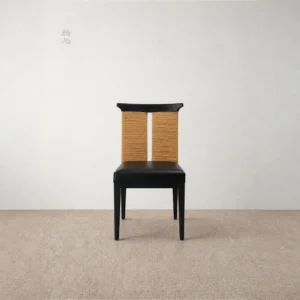 Cambon Black Oak Dining Chair with Woven Leather-Cord Back in black — front view