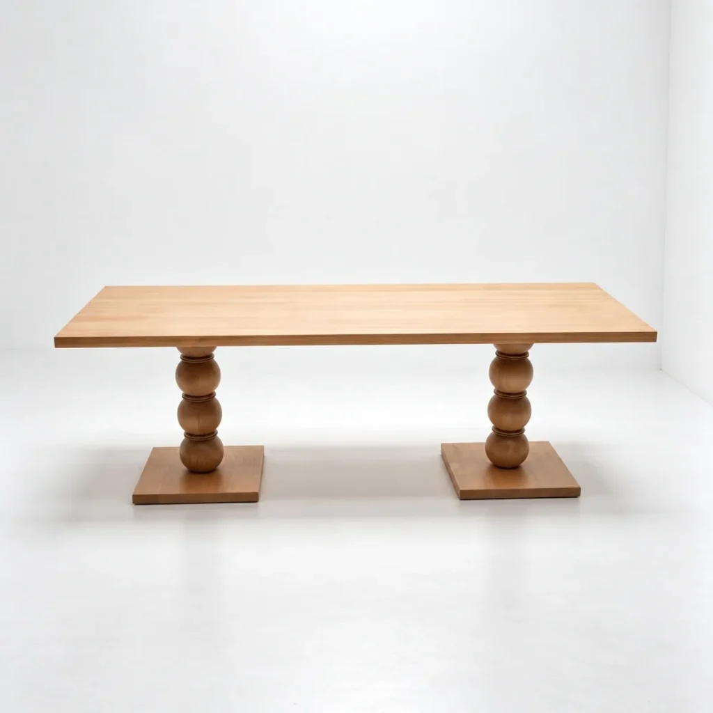 Beaded-Leg Ash Long Dining Table in natural oak — front view