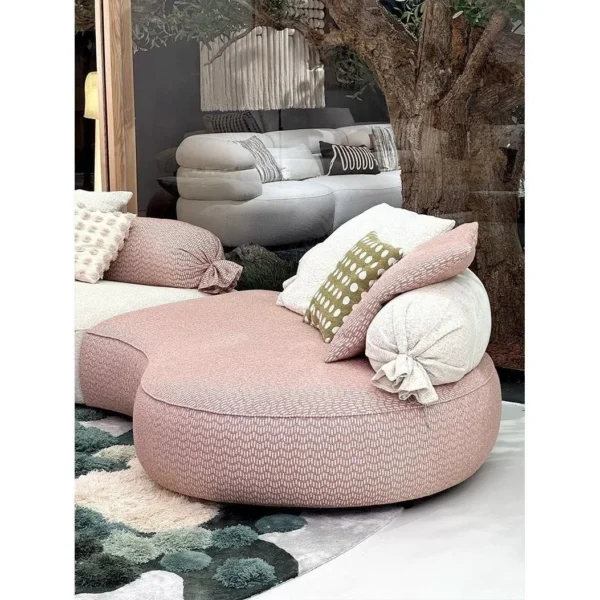 Candy Curved Modular Sofa in Blush and Cream Chenille — in a room setting