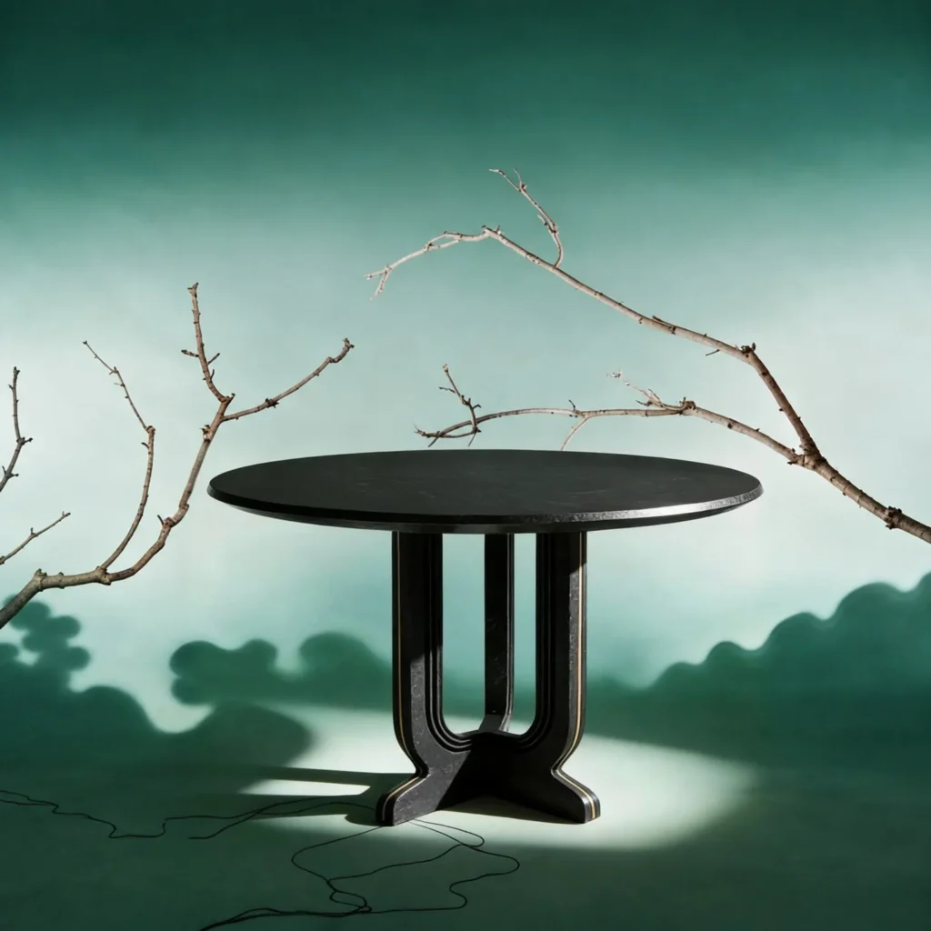 Cangshi Black Stone Round Table on U-Form Base in black — front view