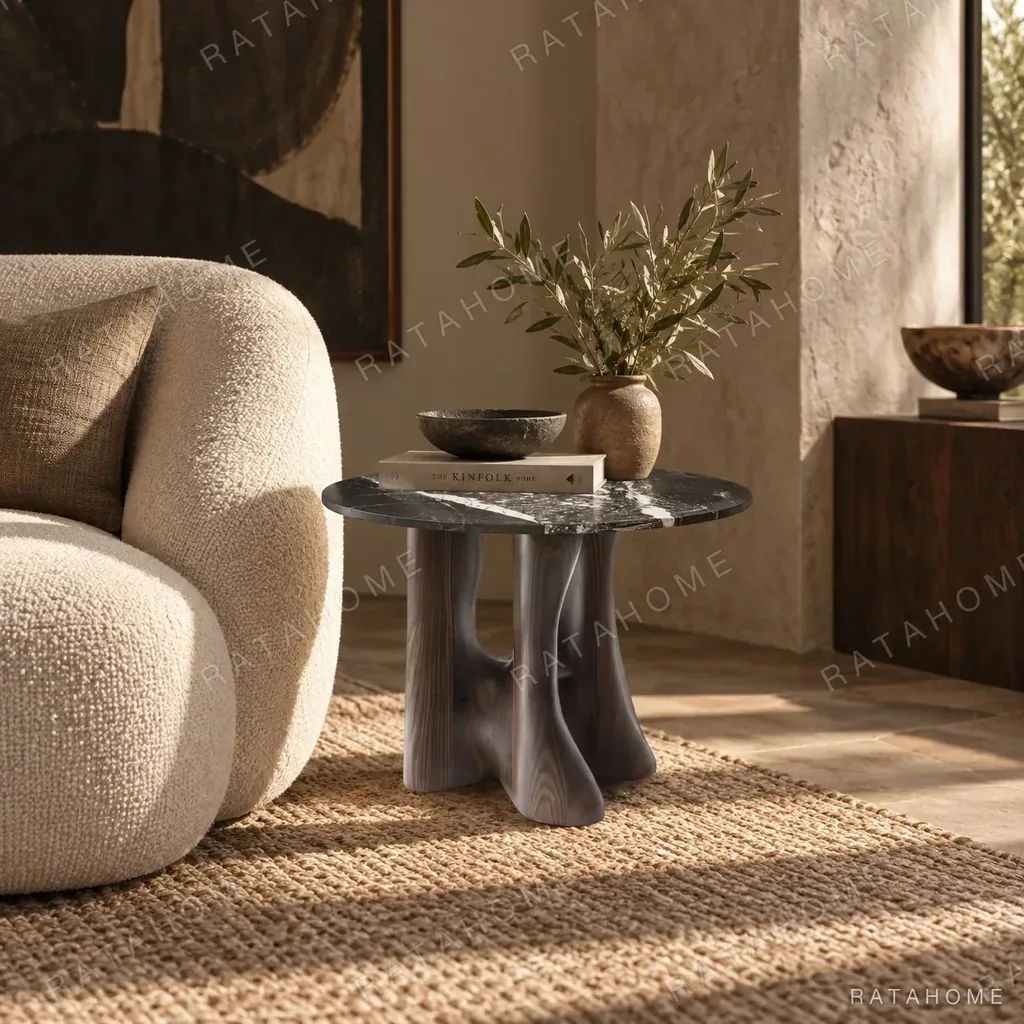 Cangyan Green Marble Side Table on Sculpted Grey Base in olive — in a room setting