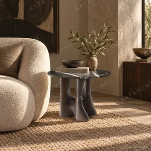 Cangyan Green Marble Side Table on Sculpted Grey Base in olive — in a room setting