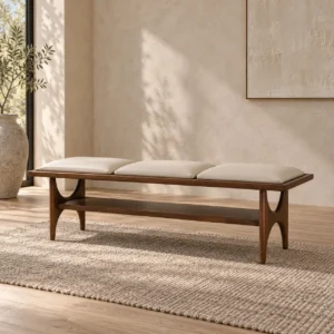 Capu Teak Bench Table with Three Removable Cushions in walnut — front view
