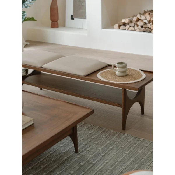 Capu Teak Bench Table with Three Removable Cushions in walnut — in a room setting