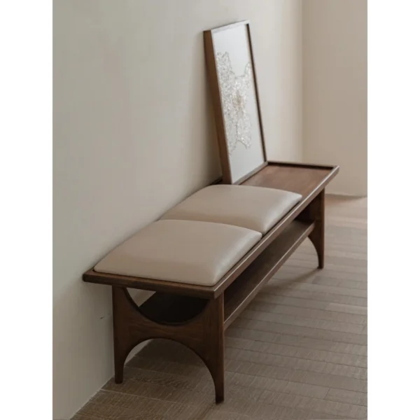 Capu Teak Bench Table with Three Removable Cushions in walnut — in a room setting