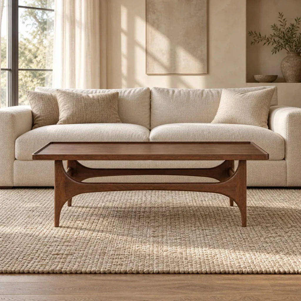 Capu Teak Coffee Table with Sculpted Legs and Framed Top in walnut — front view