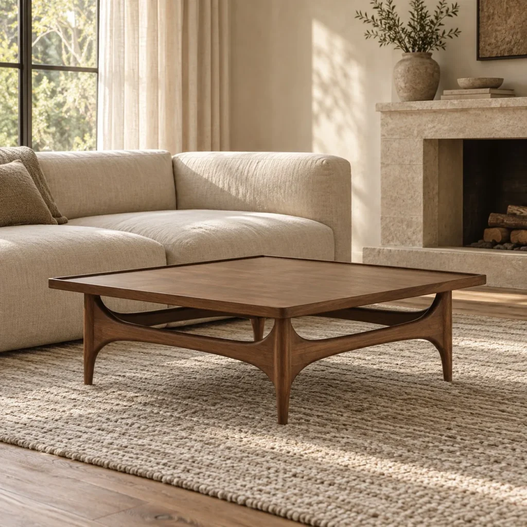 Capu Teak Square Coffee Table with Sculpted Legs in walnut — front view