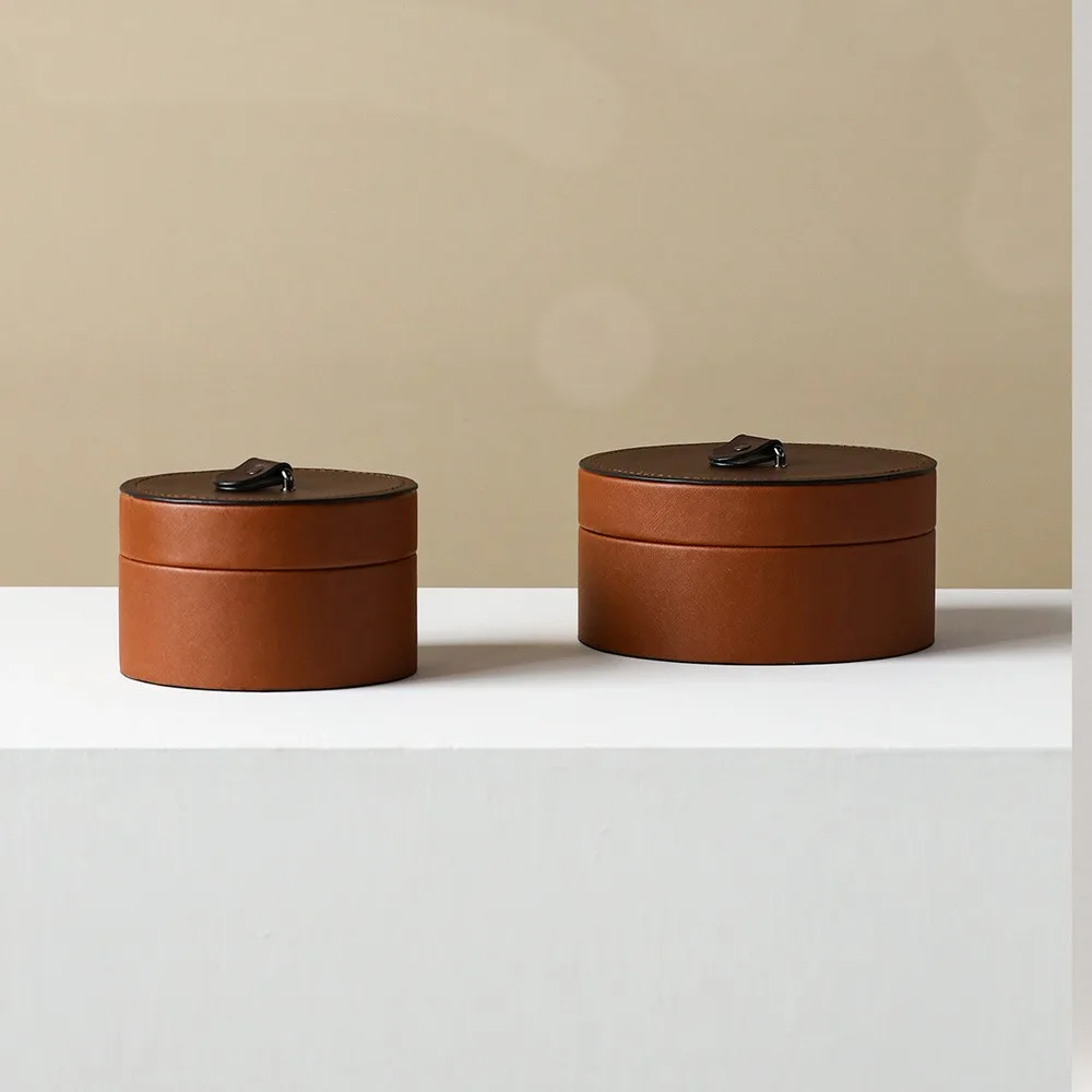 Caramel Leather Round Storage Box with Lid in clay — front view