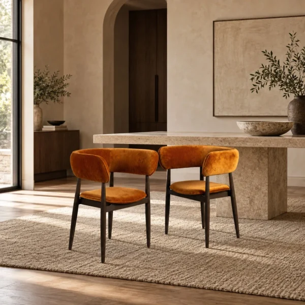 Caramel Velvet Curved-Back Dining Chair on Slim Dark Legs in rust — in a room setting
