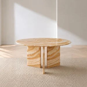 Caramel Onyx Round Dining Table on Curved Stone Legs in rust — front view