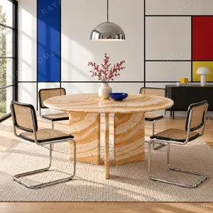 Caramel Onyx Round Dining Table on Curved Stone Legs in rust — in a room setting
