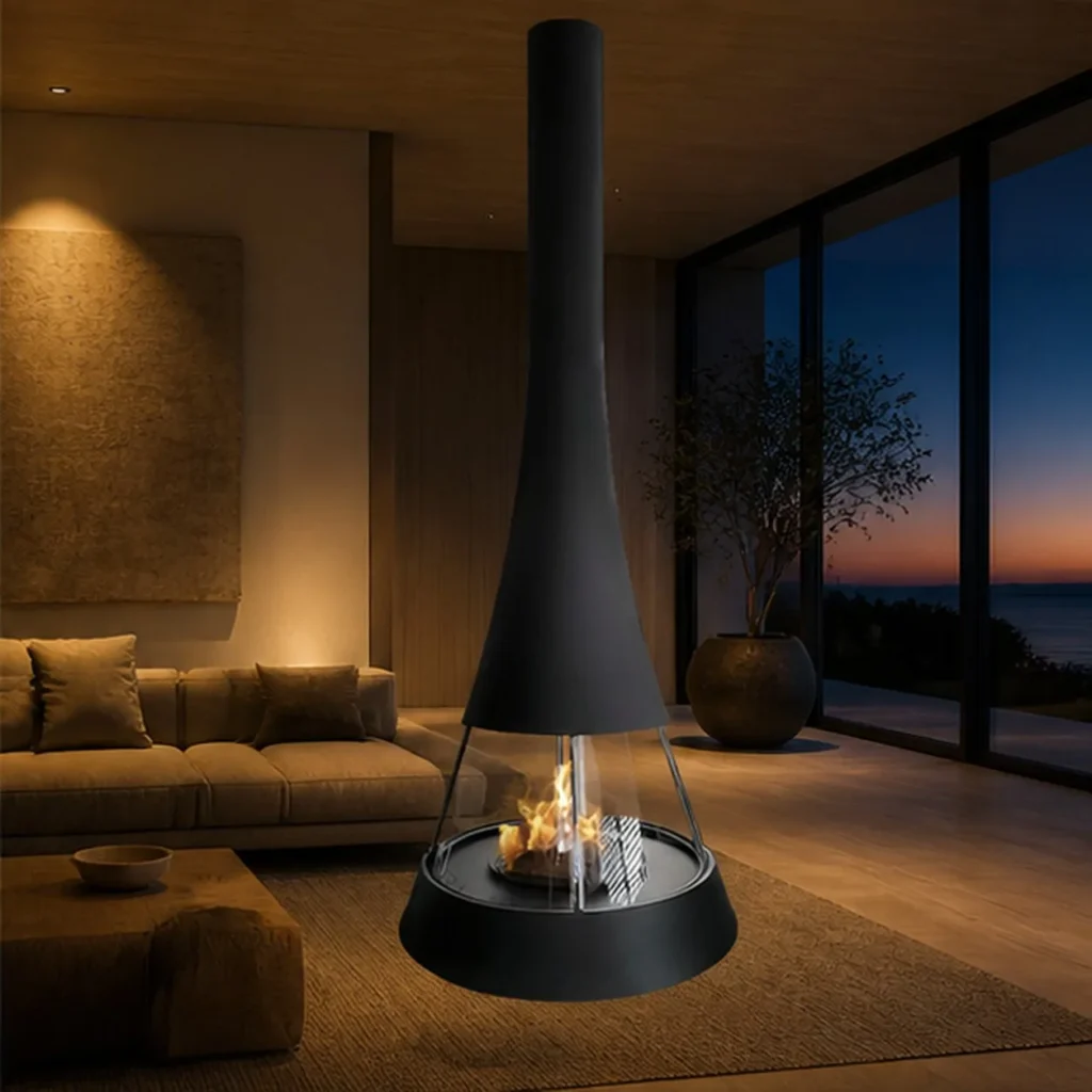 Carlos Suspended Tapered Fireplace with Wide Glass Ring in black — front view