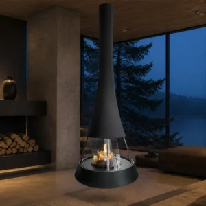 Carlos Suspended Tapered Fireplace with Wide Glass Ring in black — in a room setting