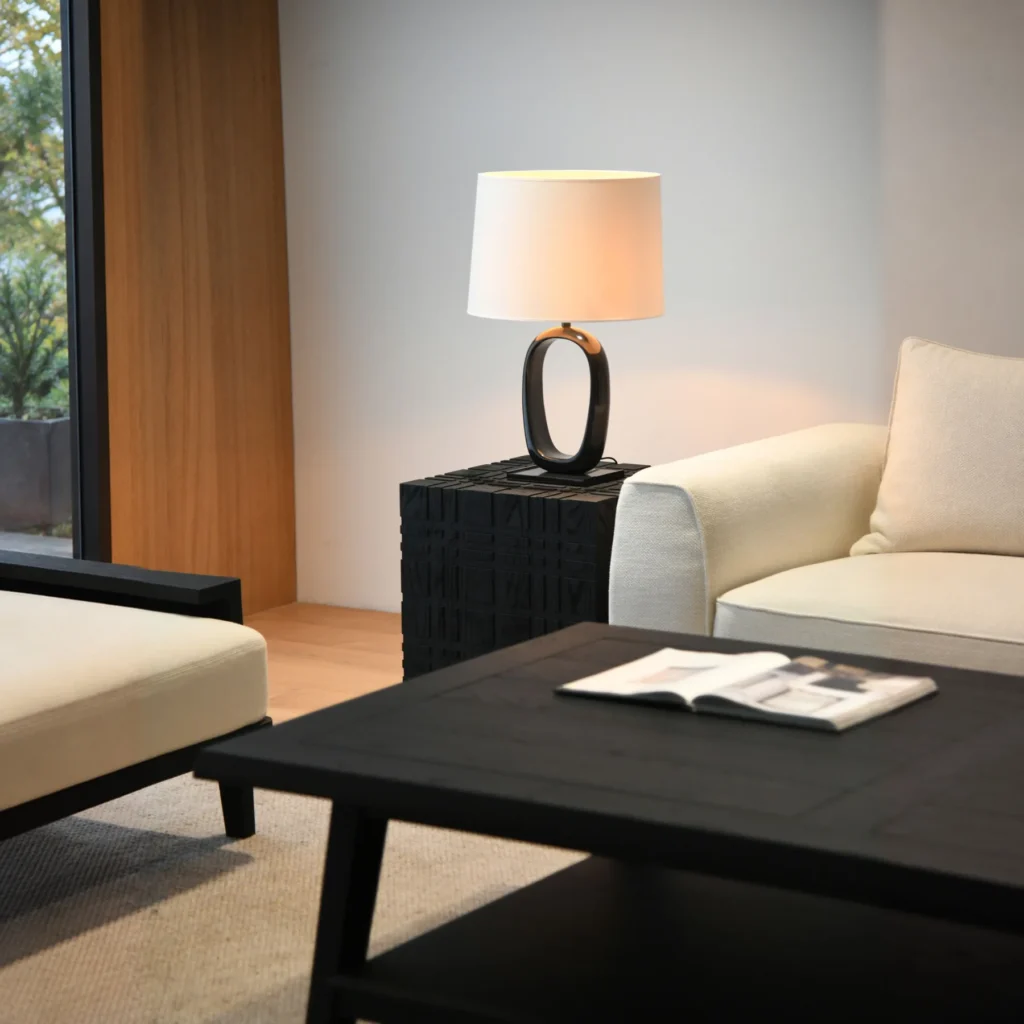 Carved Black Oak Cube Side Table, 50 cm in black — front view