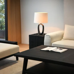 Carved Black Oak Cube Side Table, 50 cm in black — front view