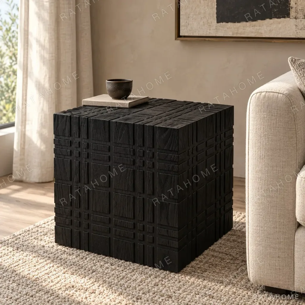 Carved Black Oak Cube Side Table, 50 cm in black — in a room setting