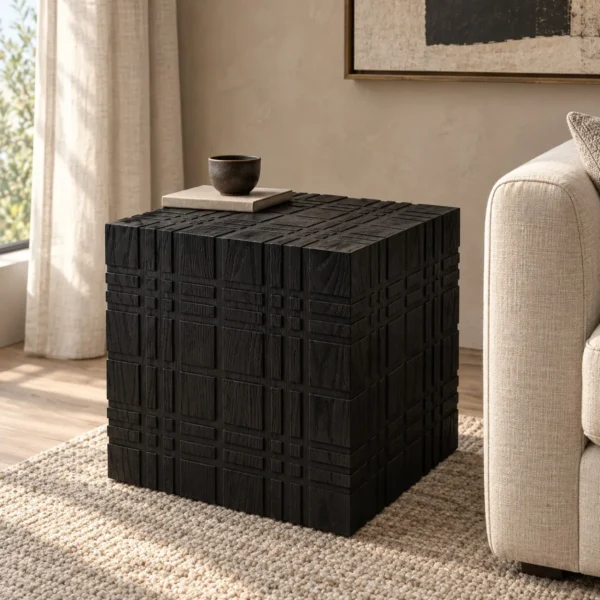 Carved Black Oak Cube Side Table, 50 cm in black — in a room setting